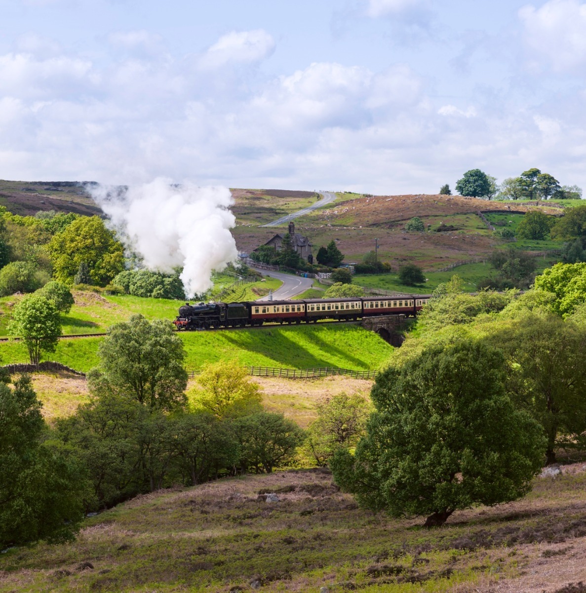 Steam train running on track surrounded by green hills, trees and landscape