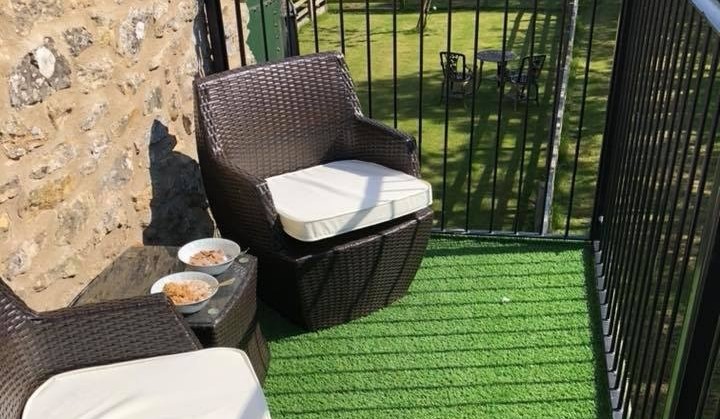 Rattan furniture on balcony, sat on artificial grass, overlooking garden with polytunnel